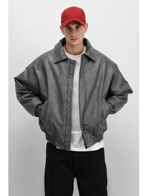 Vamos Oversize Deri Bomber Ceket Gri