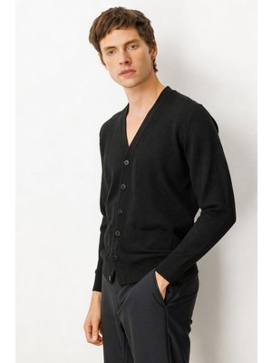 Desen Triko Erkek V Yaka Cepli Yün Hırka Siyah