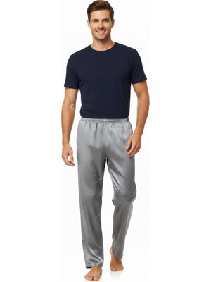 Ottoland Erkek Saten Kumaş Pijama Pantolon Düz Renk Beli Lastikli Cepsiz Geniş Paça Rahat Kesim