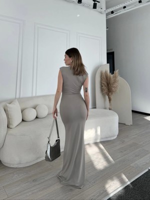 Serac Collection Kolsuz Uzun Likralı Elbise - Gri
