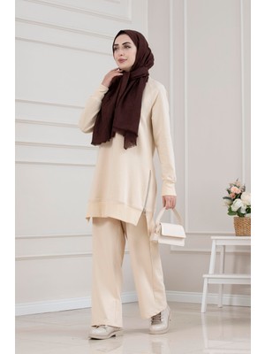 Sevitli Bisiklet Yaka Yanı Fermarlı Takım-Bej