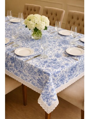 Rona Home Mavi Çiçekli Güpürlü Kaliteli Kumaş Masa Örtüsü Leke Tutmaz Şık Dekoratif Salon Mutfak Masa Örtüsü