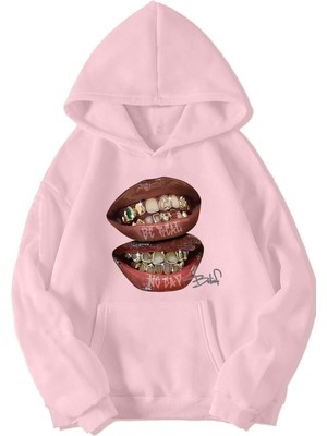 Brz Collection Unisex Oversize (Açık Pembe) Be Real No Cap Grillz Tee Hoodie (Açık Pembe)