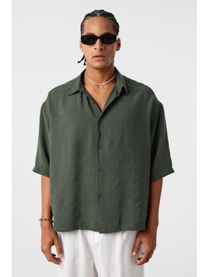 Vamos Oversize Kısa Kol Modal Kumaş Gömlek Haki