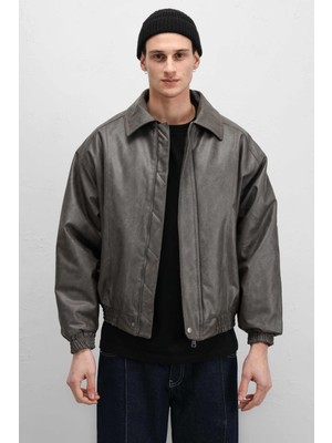 Vamos Oversize Deri Bomber Ceket Vizon
