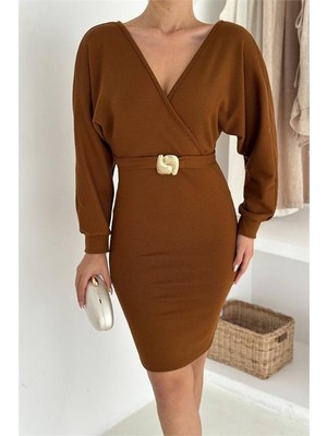 Neşeli Butik Kadın Kruvaze Yaka Uzun Kollu Kemer Detaylı Mini Elbise NBK4389