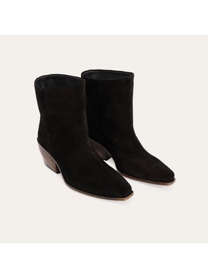 Hakiki Deri Süet Dokulu Kalın Topuklu Bot