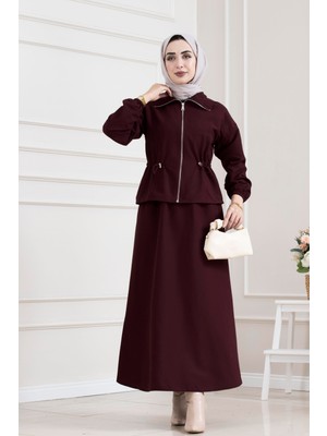 Sevitli Beli Tünelli Fermuarlı Etekli Takım-Bordo