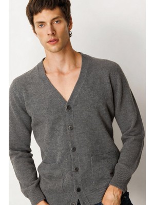 Desen Triko Erkek V Yaka Cepli Yün Hırka Füme