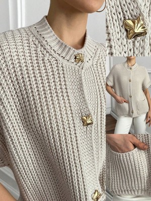 We&Me Kadın Bisiklet Yaka Düğmeli Kısa Kollu Triko Hırka – Cepli