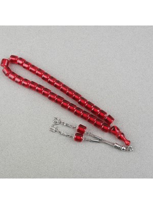 Lapisdo Ateş Kehribar Alpaka Püsküllü Kapsül Kesim 11X11MM Tesbih - Şeffaf Kırmızı