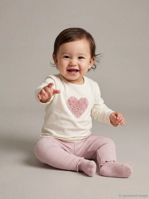 LC Waikiki Lcw Baby Ekru Kalp Baskılı Kız Bebek Bluz ve Tayt