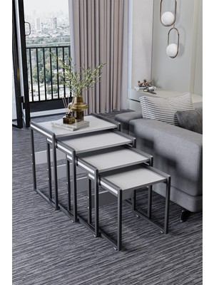 Wood House Lara 4'lü Zigon Sehpa Beyaz Modern Tasarım Metal Ayaklı Kare Şekil 4 Parça Set