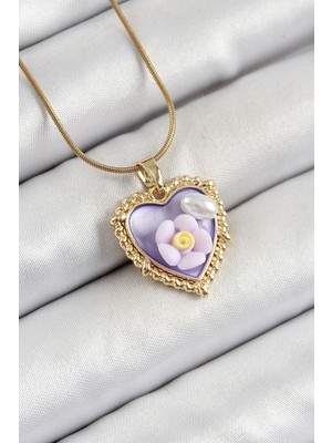 Tp Buğz 316L Çelik Zincir Mor Sanatsal Portre Inci Detaylı Papatya Figürlü Kalp Model Gold Renk Kadın Kolye