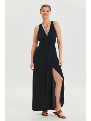 Los Banditos V Yaka Yırtmaç Detaylı Uzun Elbise