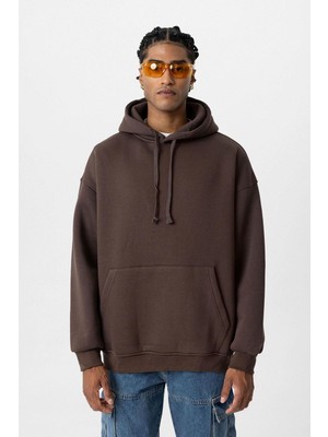 Vamos Basic Oversize Yıkamalı Hoodie Kahve