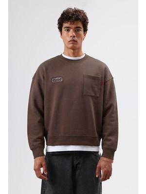 Vamos Oversize Bisiklet Yaka Cepli Sweatshirt Kahve