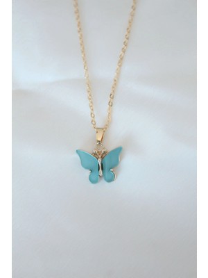Tp Buğz Gold Kaplama Turkuaz Renk Sedefli Kelebek Kolye