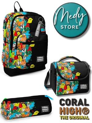 Coral High Siyah Karikatür Desenli 3’lü Okul Çanta Seti