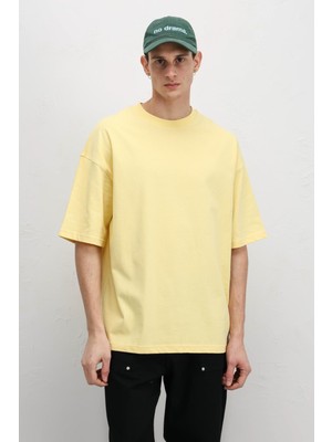 Vamos Basic Oversize Bisiklet Yaka Tişört Açık Sarı
