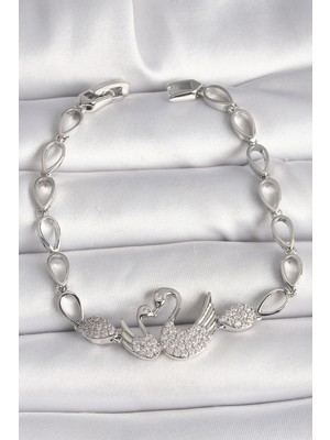 Eco Lounge Pirinç Gümüş Renk Zirkon Taşlı Kuğu Figür Damla Zincir Model Kadın Bileklik