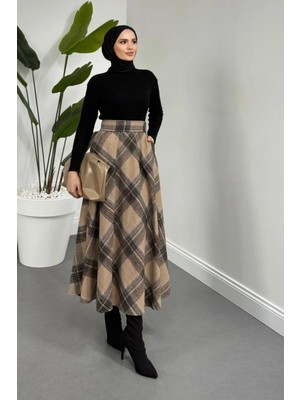 Tesettür Diyarı Ekose Desen Kloş Kaşe Tesettür Etek- Vizon