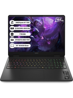 Hp Omen C52R1EA Amd Ryzen Aı 7 350 32GB 1tb SSD RTX5070-8GB Freedos 16" Wuxga 144Hz Taşınabilir Bilgisayar
