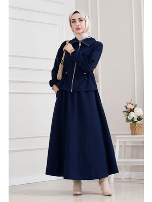 Sevitli Beli Tünelli Fermuarlı Etekli Takım-Lacivert