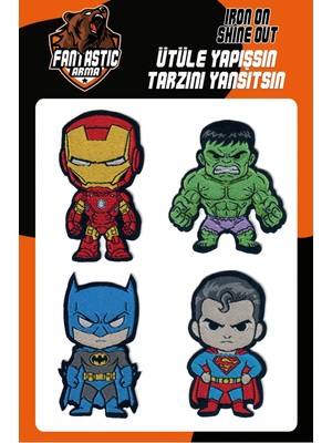 Fantastic 4'lü Süper Kahraman Arma Seti - Ütüyle Yapışan Dokuma Yama Patch - Iron Man, Hulk, Batman, Superman