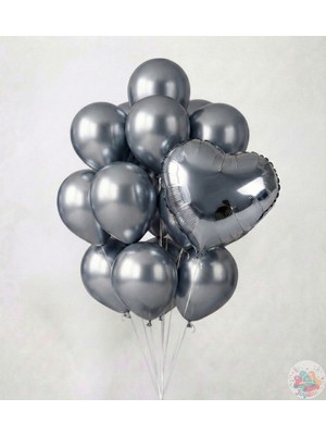 Joyane Metalik Gri Balon Seti 11’li + 24 Inç Gümüş Kalp Folyo Balon | Parti & Doğum Günü