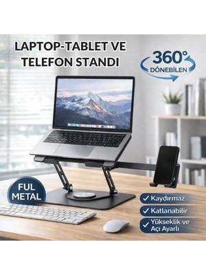 Polham 360 Dönebilen Full Metal Laptop Tablet Telefon Standı – Katlanabilir, Kaydırmaz, Yükseklik ve Açı Ayarlı Ergonomik Masaüstü Stand