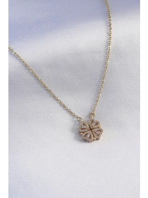 Tp Buğz 316L Çelik Gold Renk Açılır Zirkon Taşlı Yonca Model Kadın Kolye