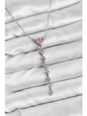Tp Buğz 316L Çelik Zincir Gümüş Renk Pembe Kalp Kadın Kolye