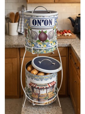 Decorev Dekoratif 2 Katlı Metal Patates & Soğan Saklama Kovası – Mimoza Desenli