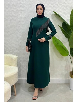 Tesettür Diyarı Kadın Krep Kumaş Zincirli Abiye-Zümrüt