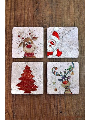 Begoloni Yeni Yıl - Yılbaşı Doğal Taş Bardak Altlığı Uv Baskılı 4'lü Set - Stone Coasters