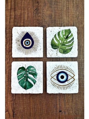 Begoloni Doğal Taş Bardak Altlığı Nazar ve Yaprak 10X10CM Stone Coasters 4'lü Set