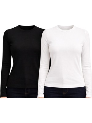 Hayalet 2'li Paket Yumuşak Modal Dokulu Pamuk Dokuma Uzun Kol Parmak Geçmeli Bisiklet Yaka Body – Esnek Basic T-Shirt