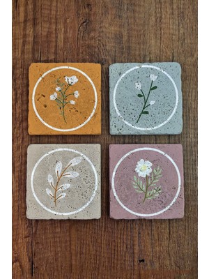Begoloni Doğal Taş Bardak Altlığı 4'lü Set - Çiçek Desenli - Stone Coasters