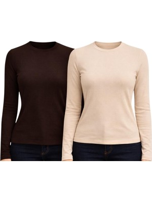 Hayalet 2'li Paket Yumuşak Modal Dokulu Pamuk Dokuma Uzun Kol Parmak Geçmeli Bisiklet Yaka Body – Esnek Basic T-Shirt