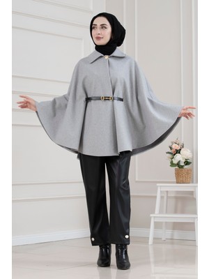 Sevitli Beli Kemerli Kaşe Panço-Koyu Gri
