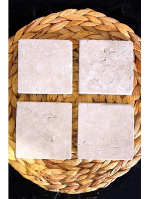 Begoloni Traverten Doğal Taş Bardak Altlığı 4’lü Set, Baskısız Boyanabilir Taş Bardak Altlığı