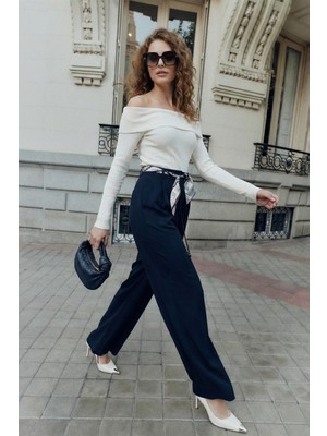 Lela Regular Fit Yüksek Bel Düz Paça Fular Kemerli Pantolon Bayan Pantolon 6923860