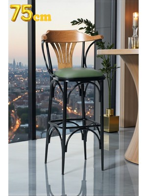 Dengema Bar Sandalyesi Yeşil-Kahve Renkli 169 / 75   cm   - Oturma Yüksekliği 75  cm  - Metal İskelet - Deri Oturum - Ahşap Sırt ve Kolçak