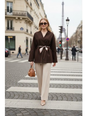 Lela Regular Fit Kruvaze Yaka Fular Kemerli Blazer Ceket Bayan Ceket 6927673