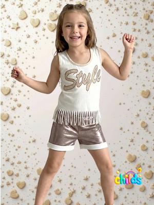 Püsküllü Pamuklu Taş Baskılı Kolsuz Tişört. Bronz Parlak Lame Baskılı Şortlu Kız Çocuk Ikili Takkım