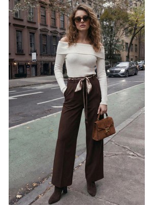 Lela Regular Fit Yüksek Bel Düz Paça Fular Kemerli Pantolon Bayan Pantolon 6923860