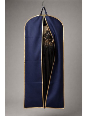 Lacivert Renk Gold Şeritli Nonwoven Abiye Elbise Kılıfı – 160X60 Cm, Kalın Diş Fermuarlı
