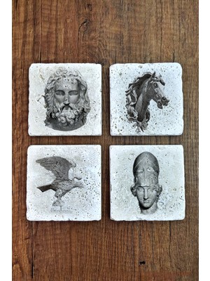 Begoloni Yunan Mitolojisi Temalı Doğal Taş Bardak Altlığı - Traverten Şıklığı ve Tarihin Büyüsü Bir Arada