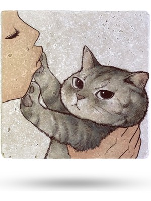 Begoloni Doğaltaş Bardak Altlığı Sevimli Kedi Baskılı 10X10CM %100 Traverten Doğal Taş